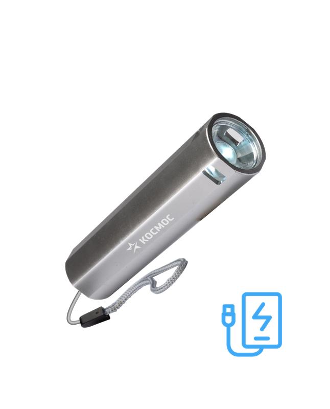 Фонарь аккумуляторный ручной LED 1Вт линза аккум. Li-ion 18650 1.2А.ч Power-bank USB-шнур ABS-пластик KOS116Lit - Космос