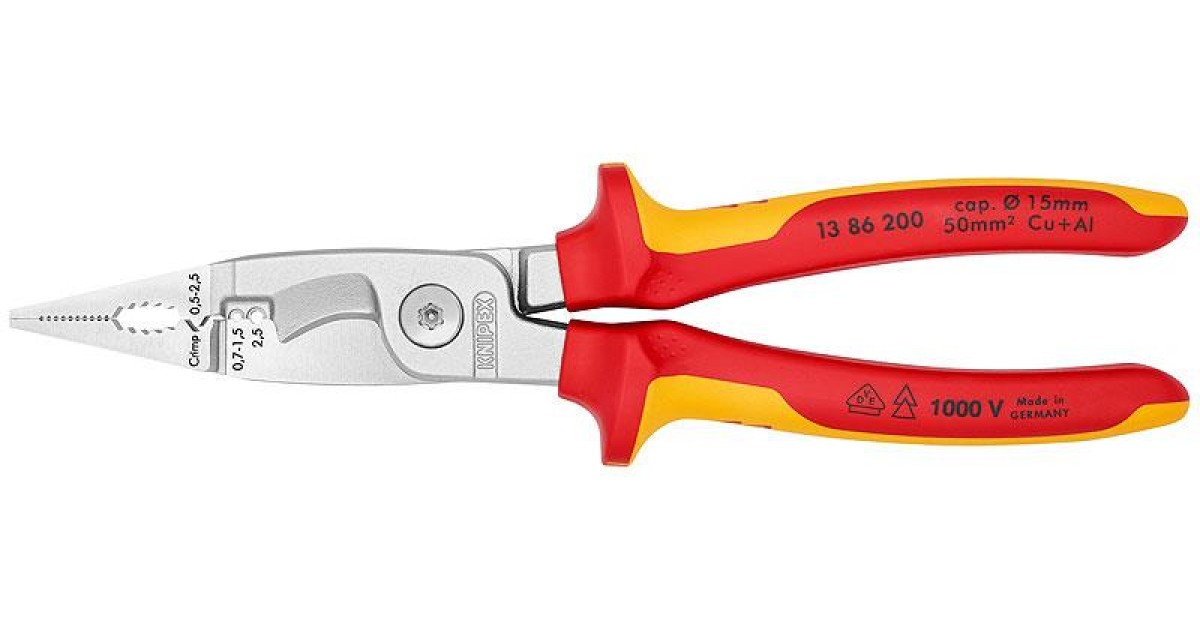 Купить Клещи электромонтажные VDE, 6-в-1, зачистка 0.75 - 1.5 / 2.5 мм2, рез O 15 мм / 50 мм2, 200 мм-2 KN-1386200 Knipex оптом в Москве