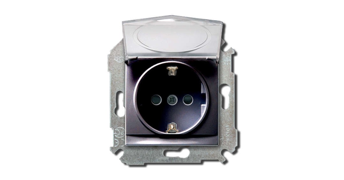 Купить Розетка 1-м СП Simon34 16А IP44 с заземл. защ. шторки с крышкой механизм графит Simon 34445-038 Simon оптом в Москве