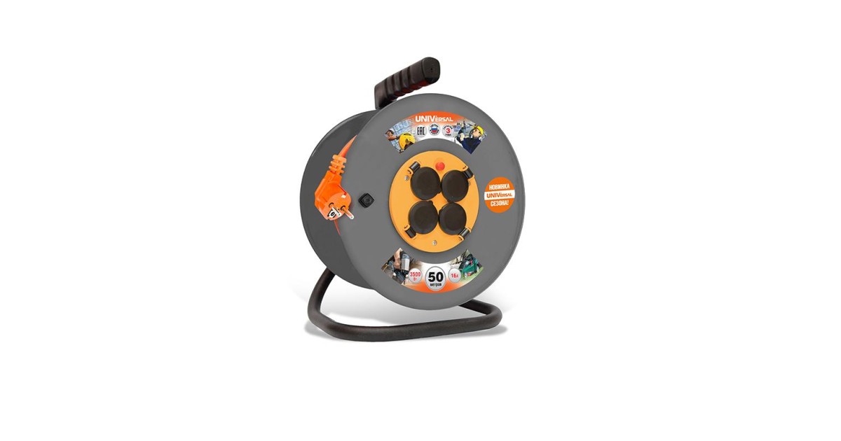 Купить Удлинитель на катушке 4х50м с заземл. 16А IP44 ВЕМ-250 ПВС 3х1.5 термозащита с защ. крышкой 9634176 UNIVersal оптом в Москве