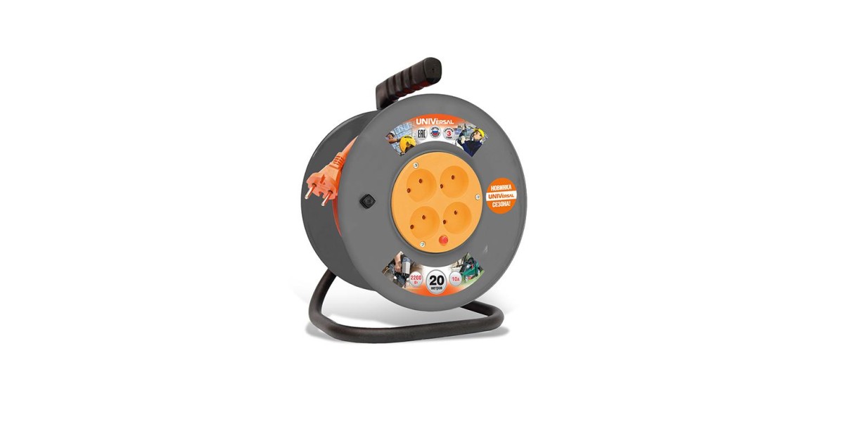 Купить Удлинитель на катушке 4х20м без заземл. 10А IP20 ВЕМ-250 ПВС 2х1 термозащита 9632896 UNIVersal оптом в Москве