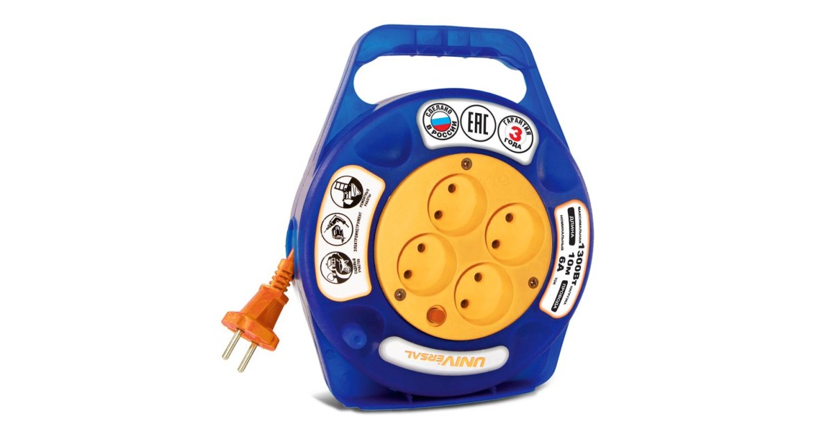 Купить Удлинитель в закрыт. корпусе 4х10м без заземл. 6А IP20 У6-015 ПВС 2х0.75 термозащита защ. шторки 9633900 UNIVersal оптом в Москве