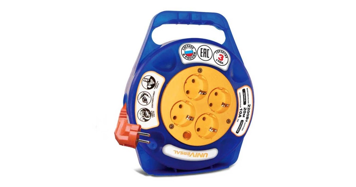 Купить Удлинитель в закрыт. корпусе 4х20м с заземл. 6А IP20 У10-015 ПВС 3х0.75 термозащита защ. шторки 1672 UNIVersal оптом в Москве