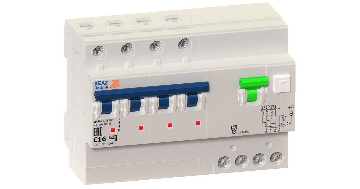 Купить АВДТ с защитой от сверхтоков OptiDin VD63-42C6-A-УХЛ4 (4P, C6, 30mA) 228261 КЭАЗ оптом в Москве