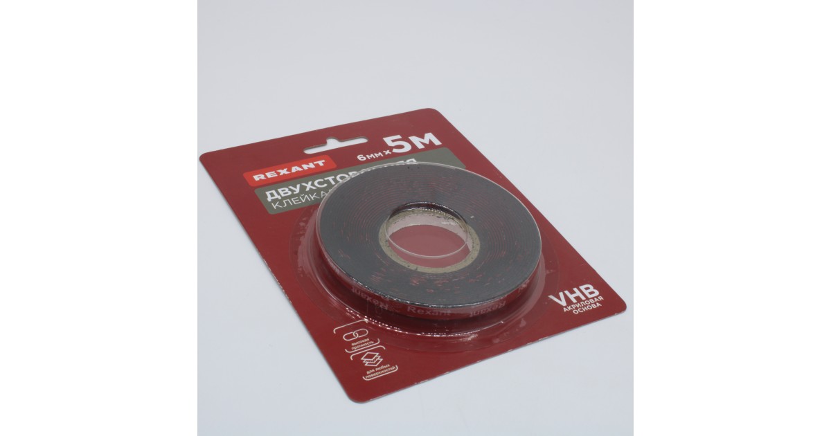 Купить Лента клейкая двухсторонняя черная, на VHB акриловой основе, 6 мм х 5 м Rexant оптом в Москве